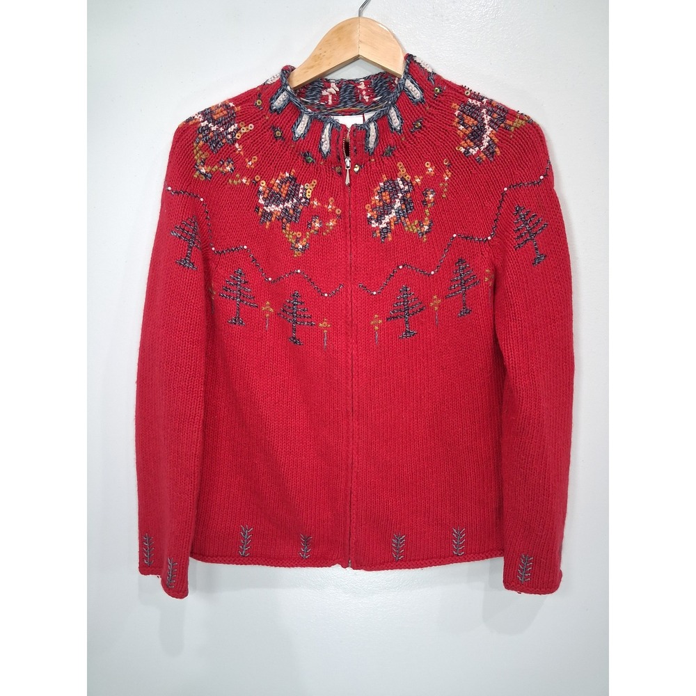 Villager Sport Liz Claiborne Red Angora Blend Zip Cardigan Winter Tree Sequin L